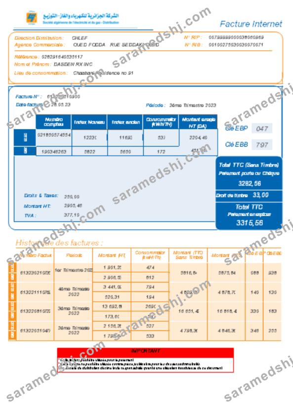 Societe Algerien Distribution internet utility business bill, SCR